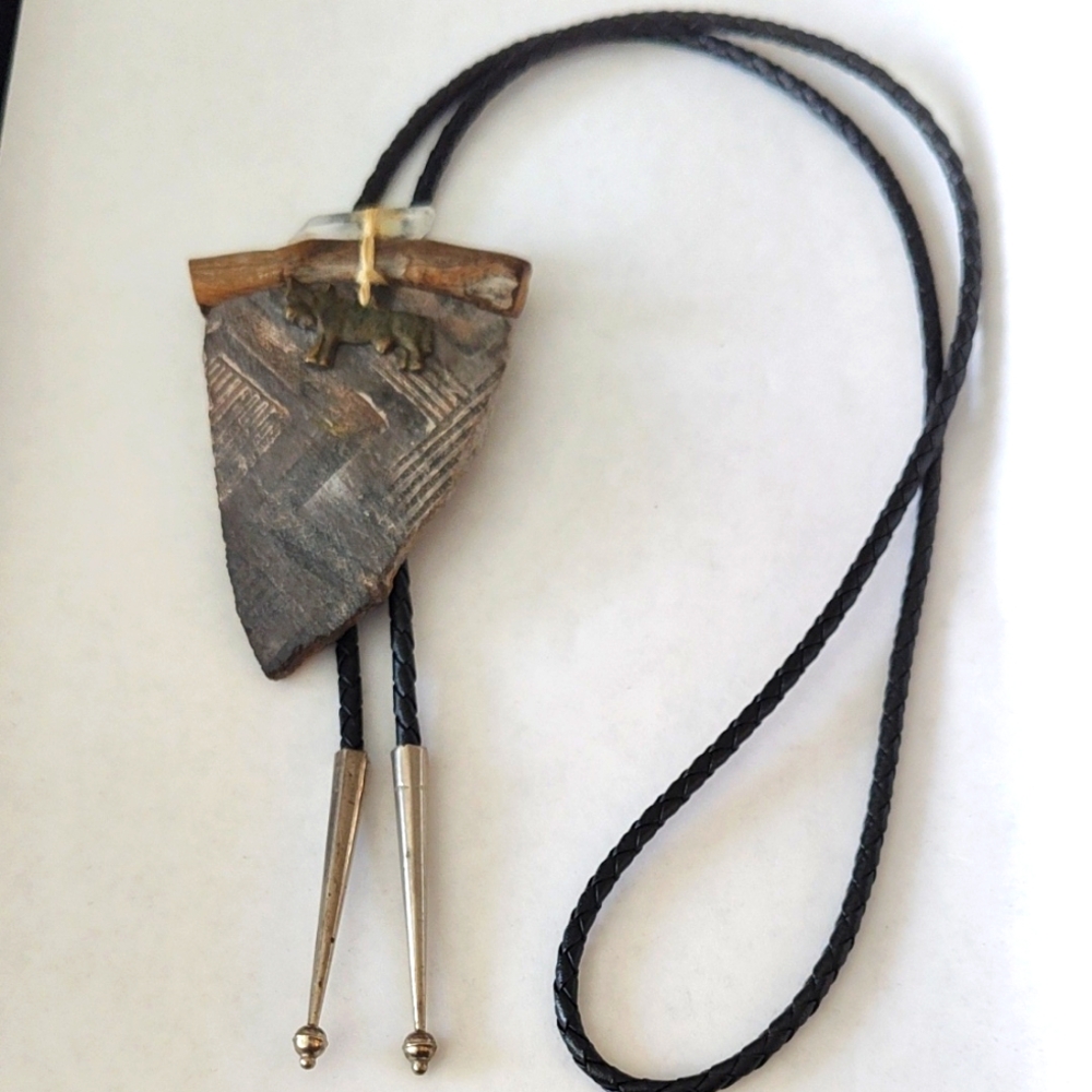 Unique Ceramic Wood & Crystal Bolo Tie with Silver Tips